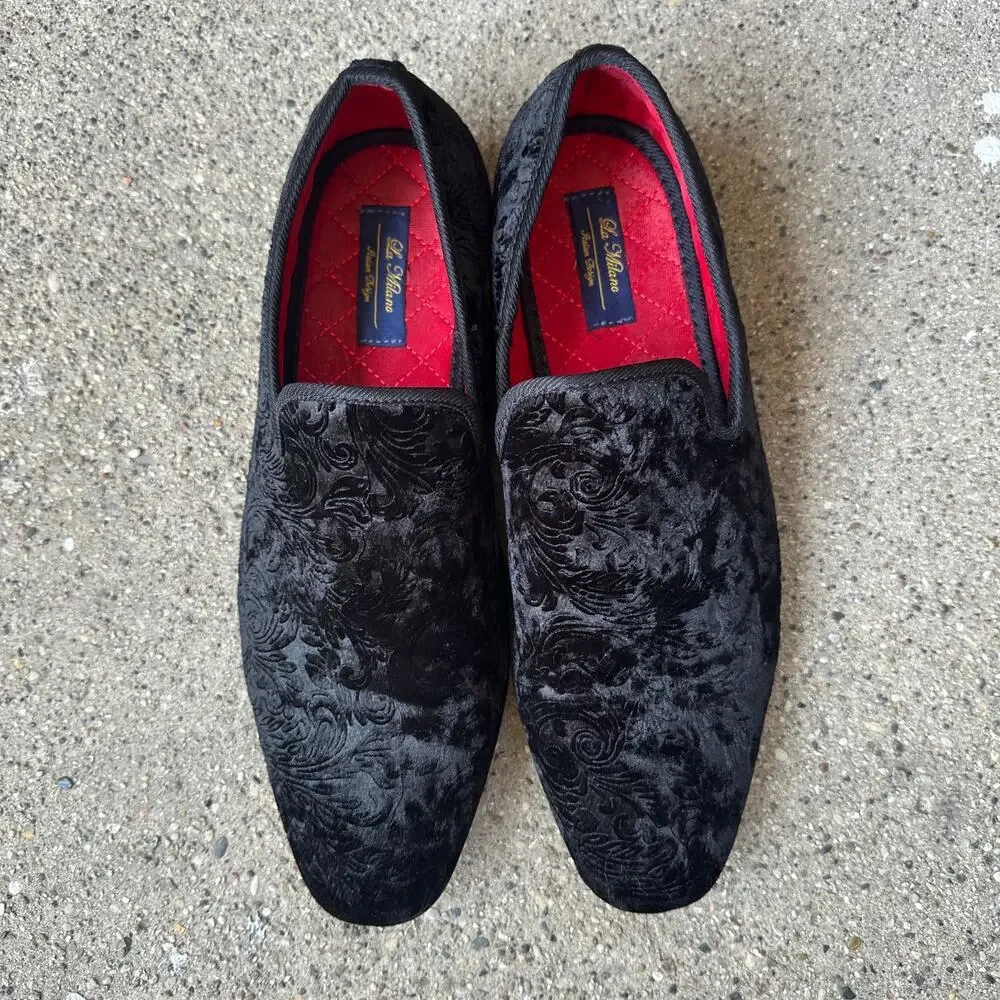 La Milano Black Velvet Brocade Smoking Loafers Broderick II Men's UK Sz 10 US 11